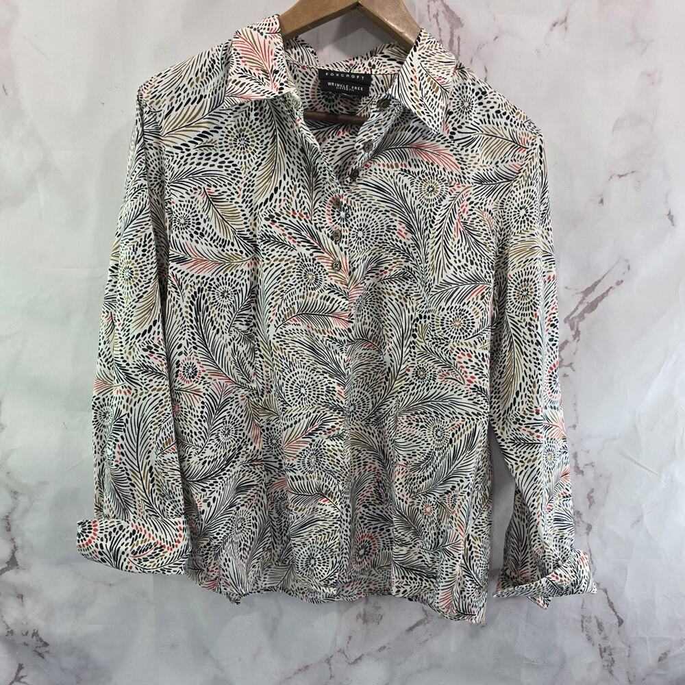 Foxcroft Shirt Womens 14 P Large Black Beige Button Up Wrinkle Free Non Iron